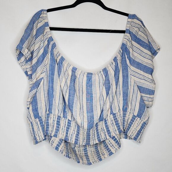 5X 28W Torrid Blue Stripe Linen Blend Smocked Waist Off Shoulder Crop Top Puff - Picture 5 of 7